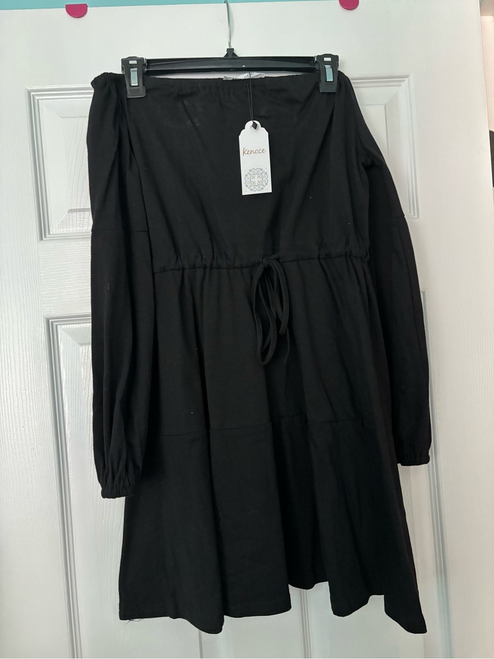 Kenoce Black Long Sleeve Off the Shoulder Drawstring Dress